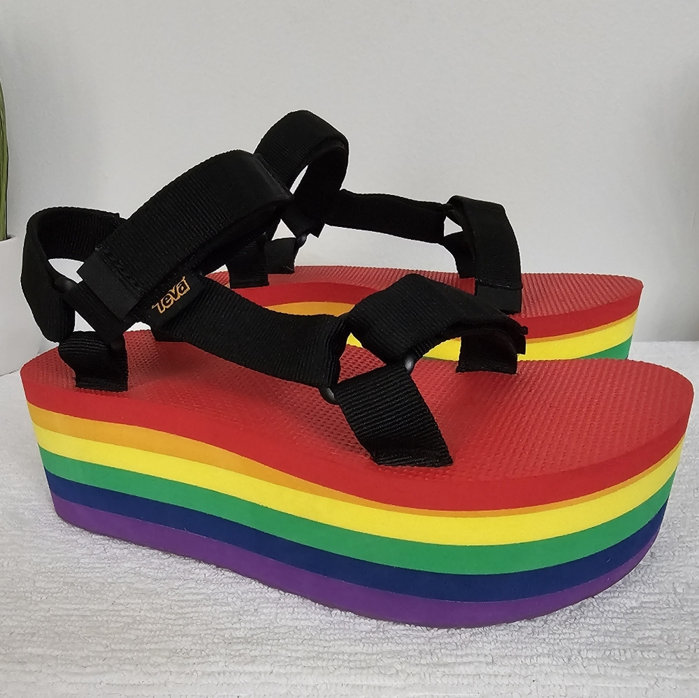 Teva Flatform Bold Universal Stripe Rainbow Pride Platform Adjustable Sandals - Picture 2 of 13